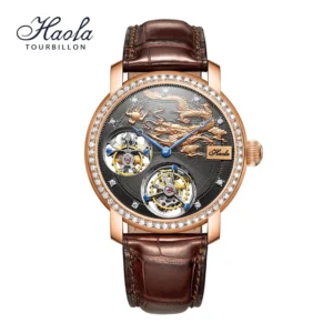 HAOFA Luxury 18K Gold Double Tourbillon Movement Skeleton Mens Watch Manual Mechanical Diamond Rose Watch For