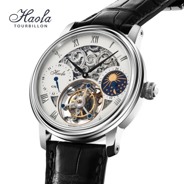 Haofa GMT Tourbillon Movement Wristwatch for Men Skeleton Luxury Moonphase Mechanical Sapphire Watches Mens 1028
