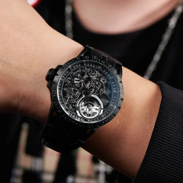 OBLVLO Brand All Black Sport Skeleton Automatic Mechanical Watch for Men Self Wind Rubber Strap Sapphire 1