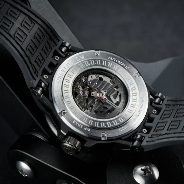 OBLVLO Brand All Black Sport Skeleton Automatic Mechanical Watch for Men Self Wind Rubber Strap Sapphire 4