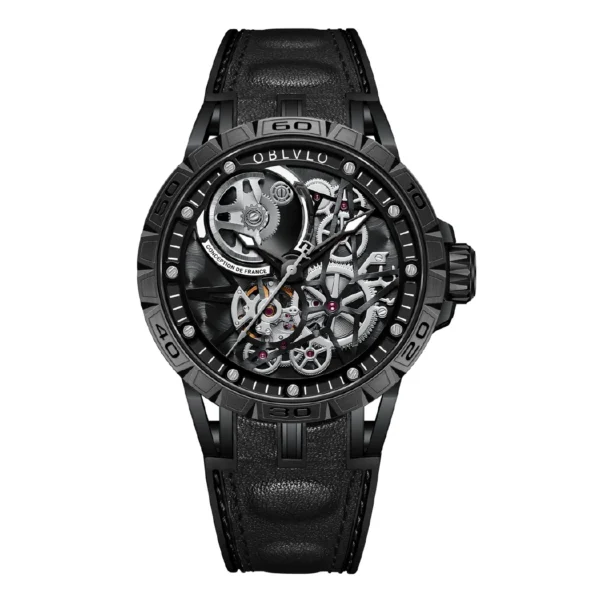 OBLVLO Brand All Black Sport Skeleton Automatic Mechanical Watch for Men Self Wind Rubber Strap Sapphire 5