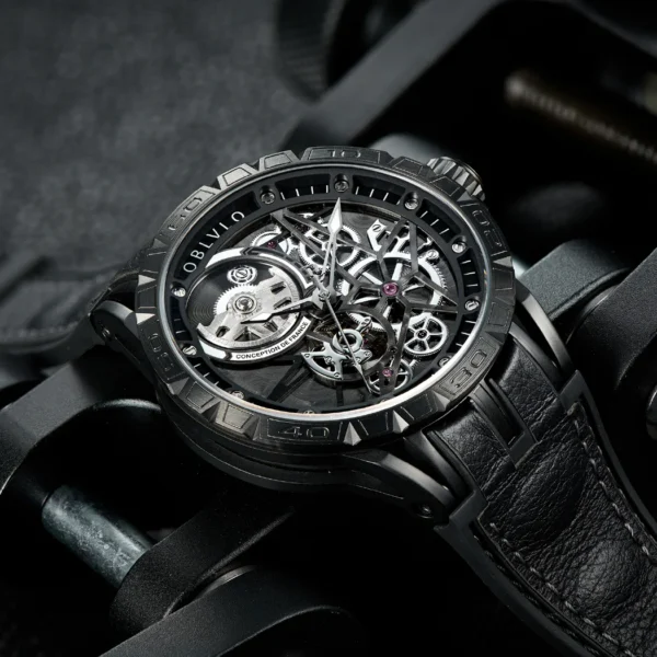OBLVLO Brand All Black Sport Skeleton Automatic Mechanical Watch for Men Self Wind Rubber Strap Sapphire