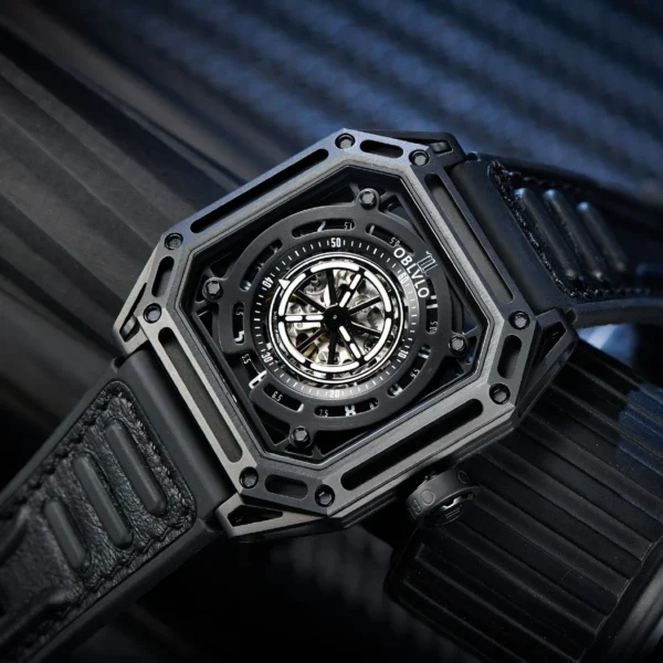 OBLVLO Luxury All Black Sport Watch For Men Self wind Mechanical Automatic Watch Waterproof Square Cool 2