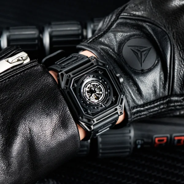 OBLVLO Luxury All Black Sport Watch For Men Self wind Mechanical Automatic Watch Waterproof Square Cool 3