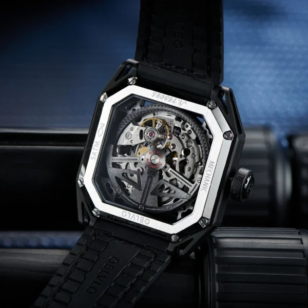 OBLVLO Luxury All Black Sport Watch For Men Self wind Mechanical Automatic Watch Waterproof Square Cool 4