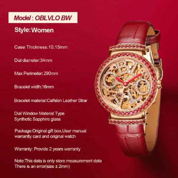 OBLVLO Luxury Women Skeleton Automatic Watch Mechanical Steel Case Calf Leather Strap Sapphire Crystal Waterproof Dial 3