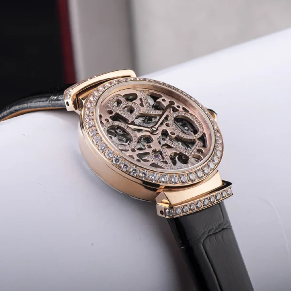 OBLVLO Luxury Women Skeleton Automatic Watches Mechanical Steel Case Black Calf Leather Strap Sapphire Waterproof Dial