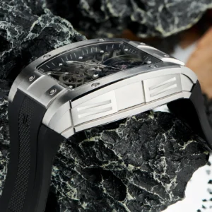 OBLVLO Men Automatic Watch 44mm Luxury Mechanical Wristwatch Fashion Waterproof Tonneau Hollow Out Dial Sapphire Rubber 1