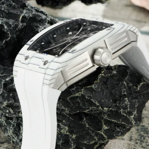 OBLVLO Men Automatic Watch 44mm Luxury Mechanical Wristwatch Punk Waterproof Tonneau Hollow Out Dial Sapphire Rubber 1