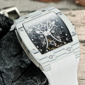 OBLVLO Men Automatic Watch 44mm Luxury Mechanical Wristwatch Punk Waterproof Tonneau Hollow Out Dial Sapphire Rubber