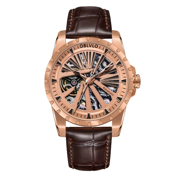 OBLVLO New Skeleton Men s Automatic Mechanical Watch For Men Rose Luxury Sapphire Luminous Genuine Leather 5