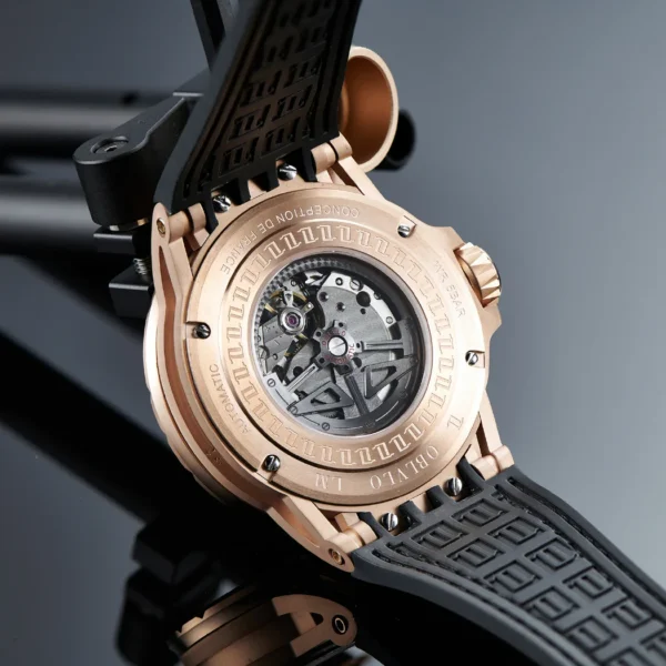OBLVLO Sport Skeleton Automatic Mechanical Watches for Men Self Wind Rubber Strap Sapphire Waterproof Rose Gold 4