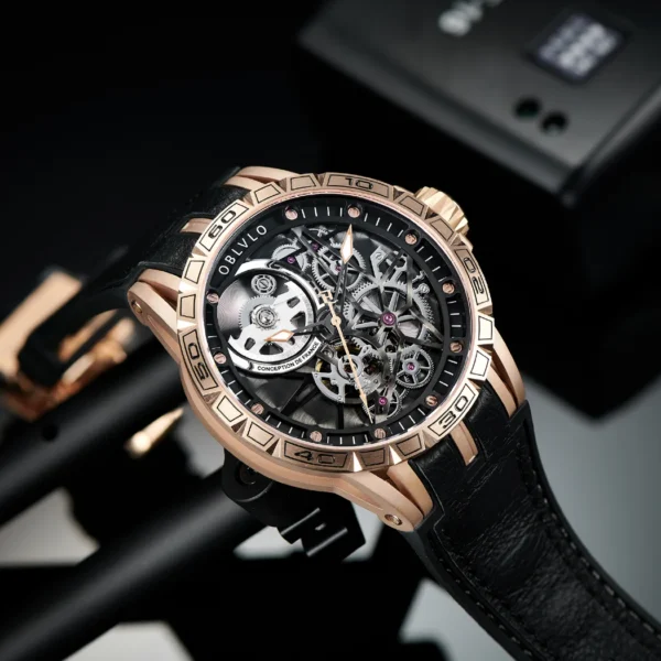 OBLVLO Sport Skeleton Automatic Mechanical Watches for Men Self Wind Rubber Strap Sapphire Waterproof Rose Gold